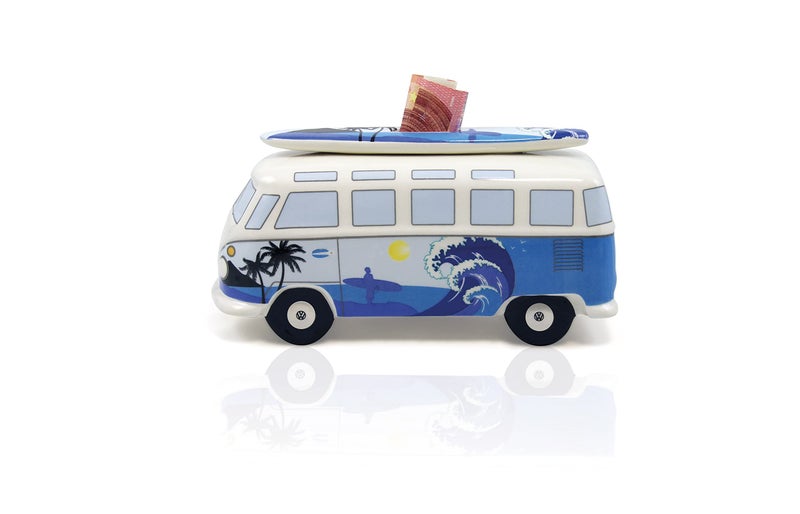BRISA VW Collection - Volkswagen Savings Bank Piggy Bank Money Coin Box with Surfboard in T1 Bus Samba Design (Surf/Blue) - Image 3